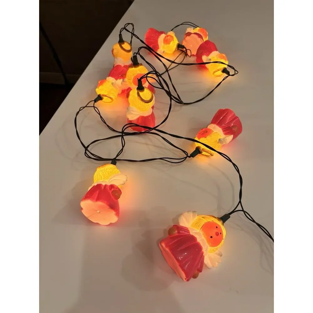 10 Vintage 1969 Mid Century Cartoon Angels String Lights MCM Christmas Pink